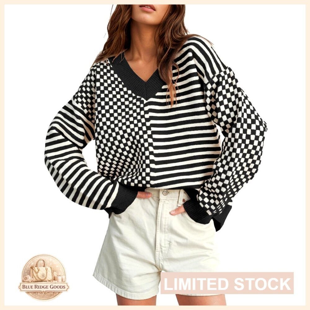 Striped Checkered V Neck Pullover Sweater, 29% Acrylic 29% Viscose 28%